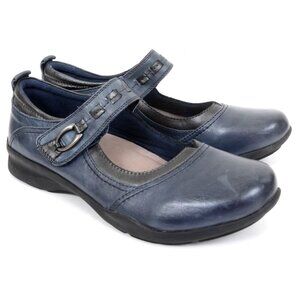 Earth Angelica Women's 9.5 Mary Jane Navy Blue Leather Hook & Loop Flats Shoes